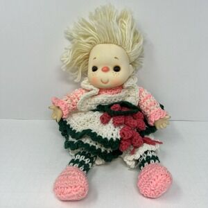 Ice Cream Face Crochet Doll 12 Inch Soft Body Yellow Hair Ruffle Dress vtg toy